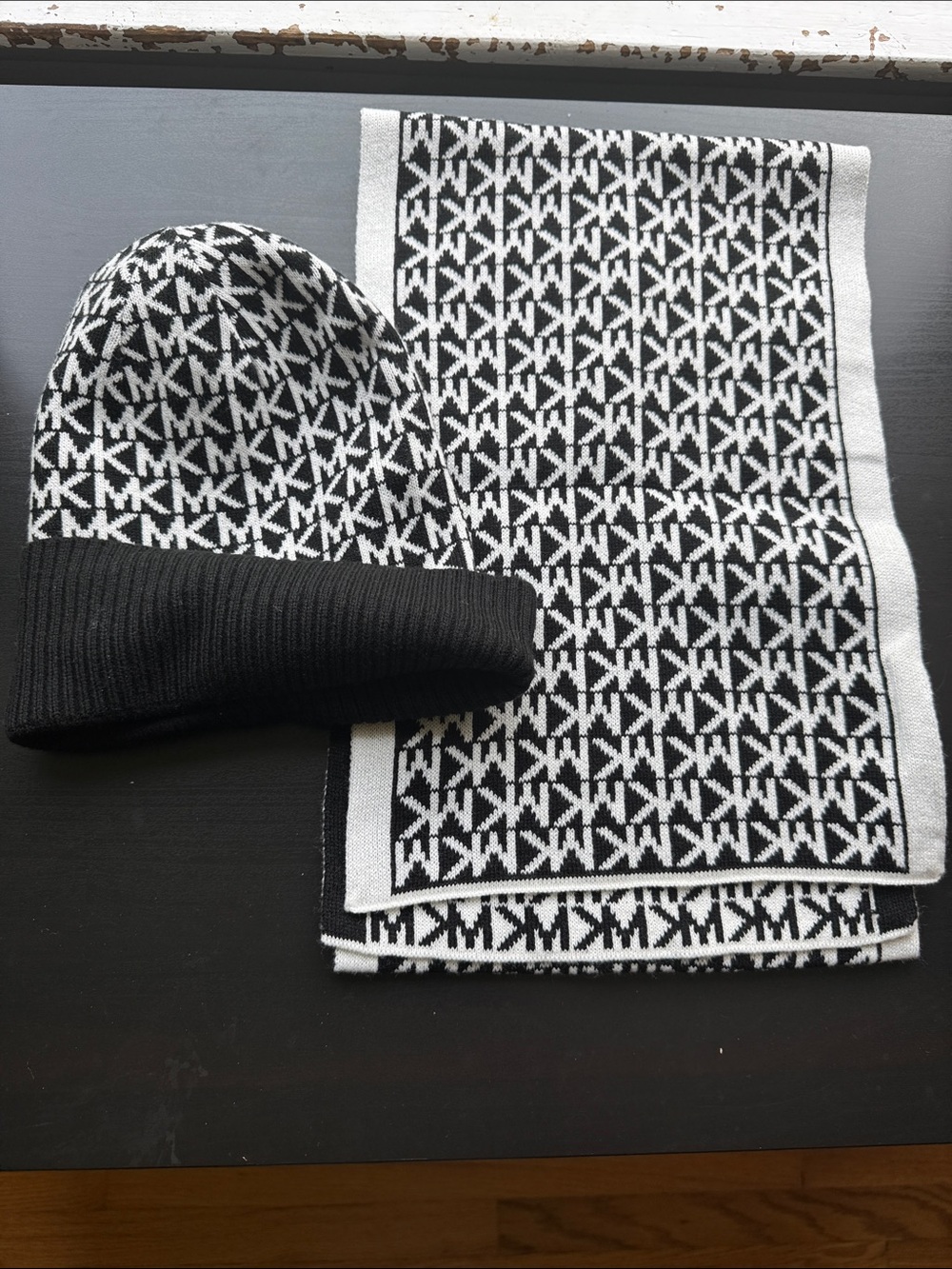 Michael Kors Black & White MK Logo Beanie and Scarf Set